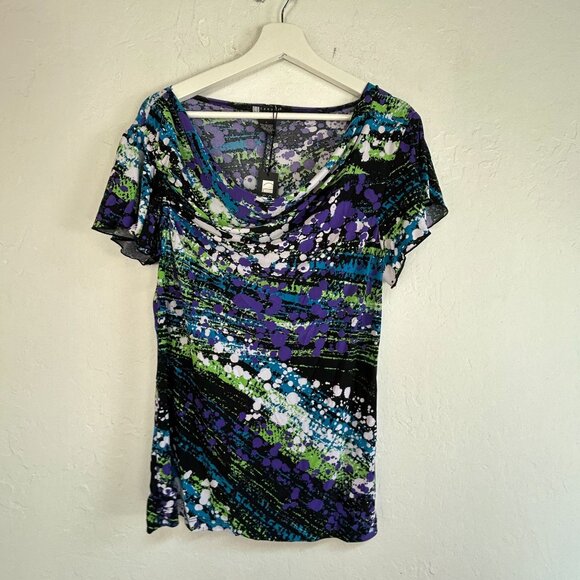 Carole Little Womens Abstract Print Short Sleeve Drape Neck Top Large Purple New - Picture 1 of 7